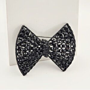 Vintage Black Rhinestone Bow Brooch – Gothic Glam Openwork Filigree Pin